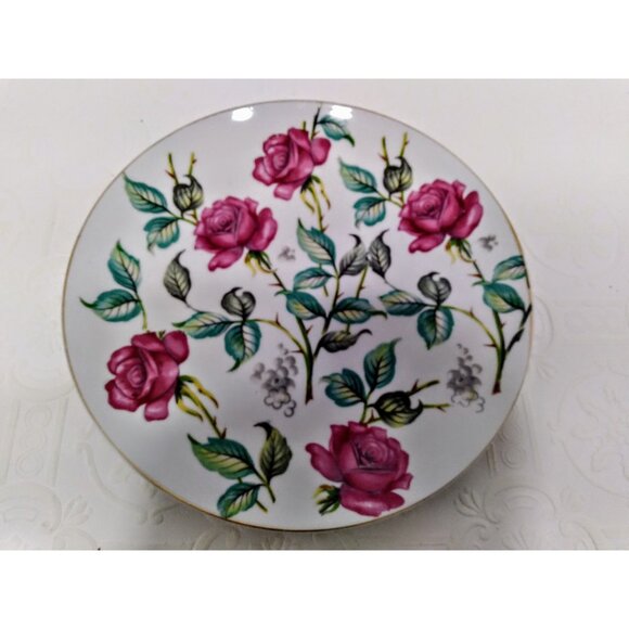 Vintage SAJI Japan Cake Plate – Large Round Porcelain Plate with Pink Roses, Gol - Picture 7 of 7